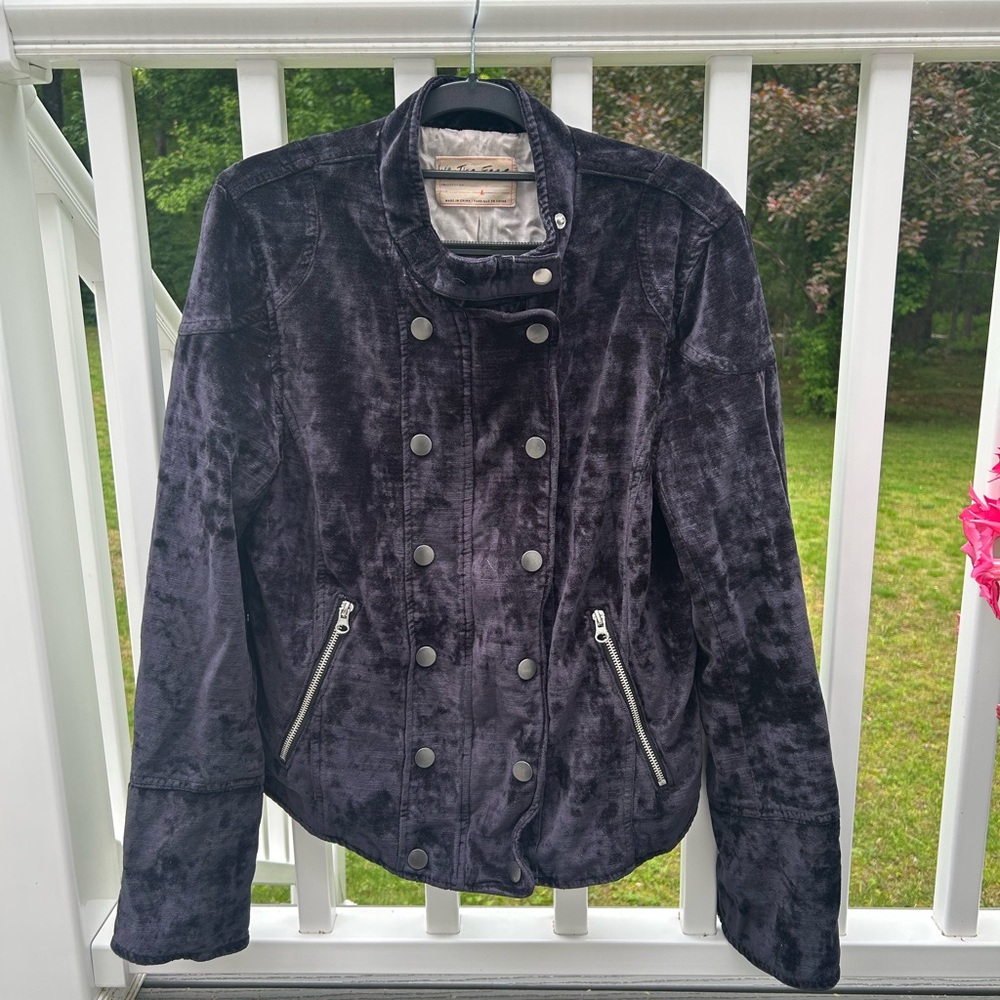 We The Free Navy Utility Jacket with Stand-Up Collar and Structured Shoulders